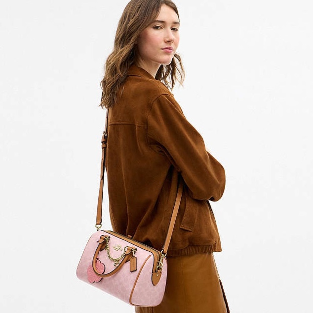 Sold ❌Coach Powder Pink Rowan Medium Satchel Bag In Signature With Charms NWT - Picture 9 of 10
